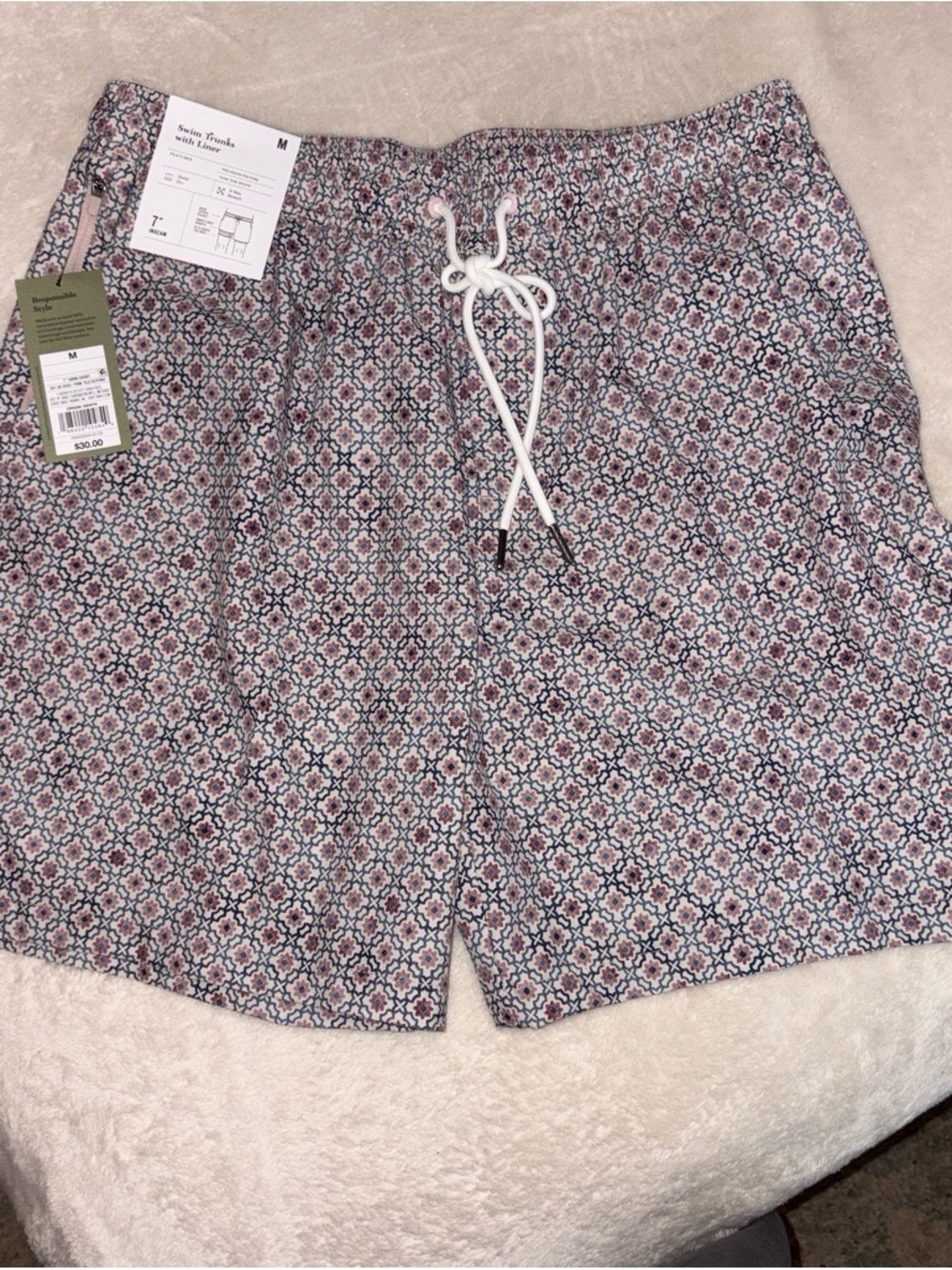 Men's Printed Swim Trunks in Navy & brown - Drawstring Waist